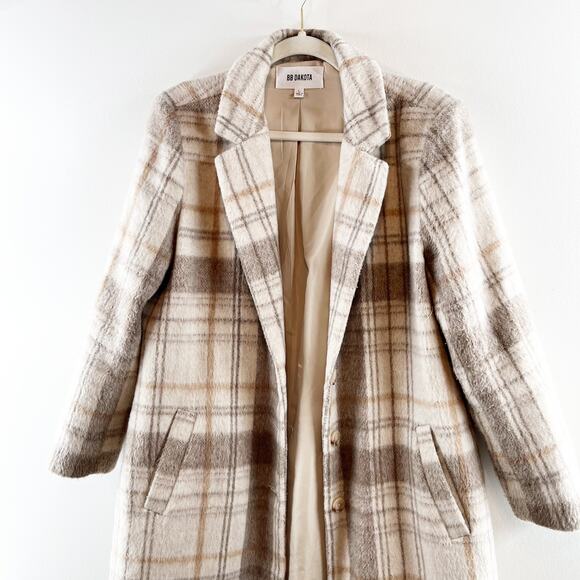 BB Dakota Plaid To Be Said Long Sleeve Notch Lapel Overcoat Peacoat Tan Large - Picture 10 of 11
